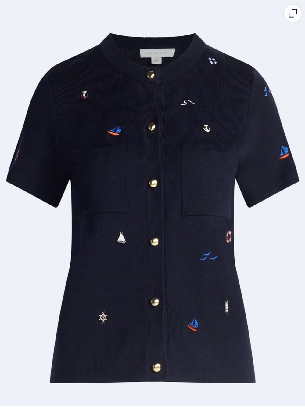 Navy Embroidered Short Sleeve Cardigan - Gold Button Detail